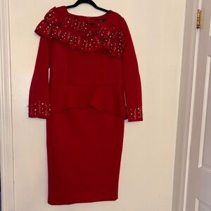 Midnight Velvet Red Dress with Pearl Accents